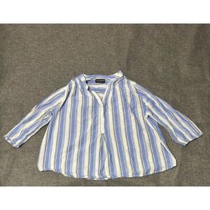 Lane‎ Bryant Women's 18/20 Blouse Blue White Striped Henley 3/4 Sleeve Cotton